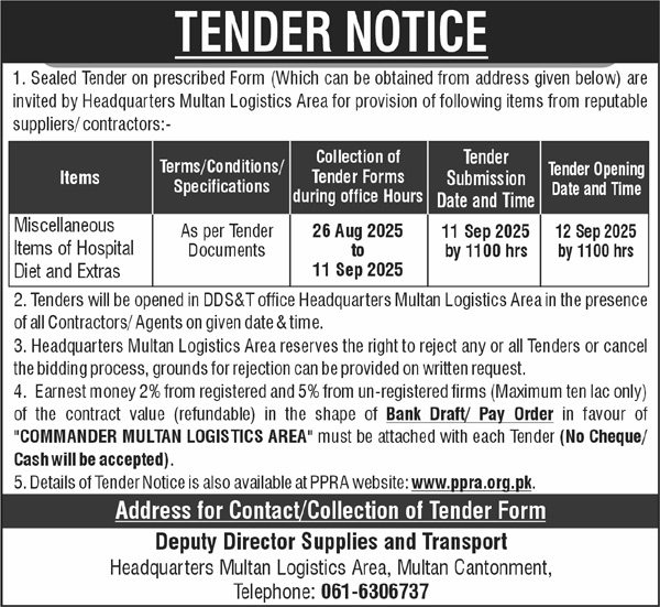 Public Sector Organization Multan Tender Notice